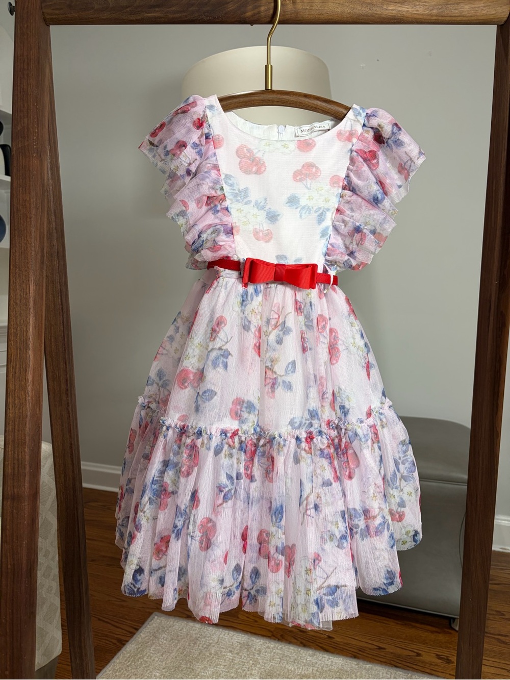 Monnalisa Girls Floral Cherry Ruffle Dress